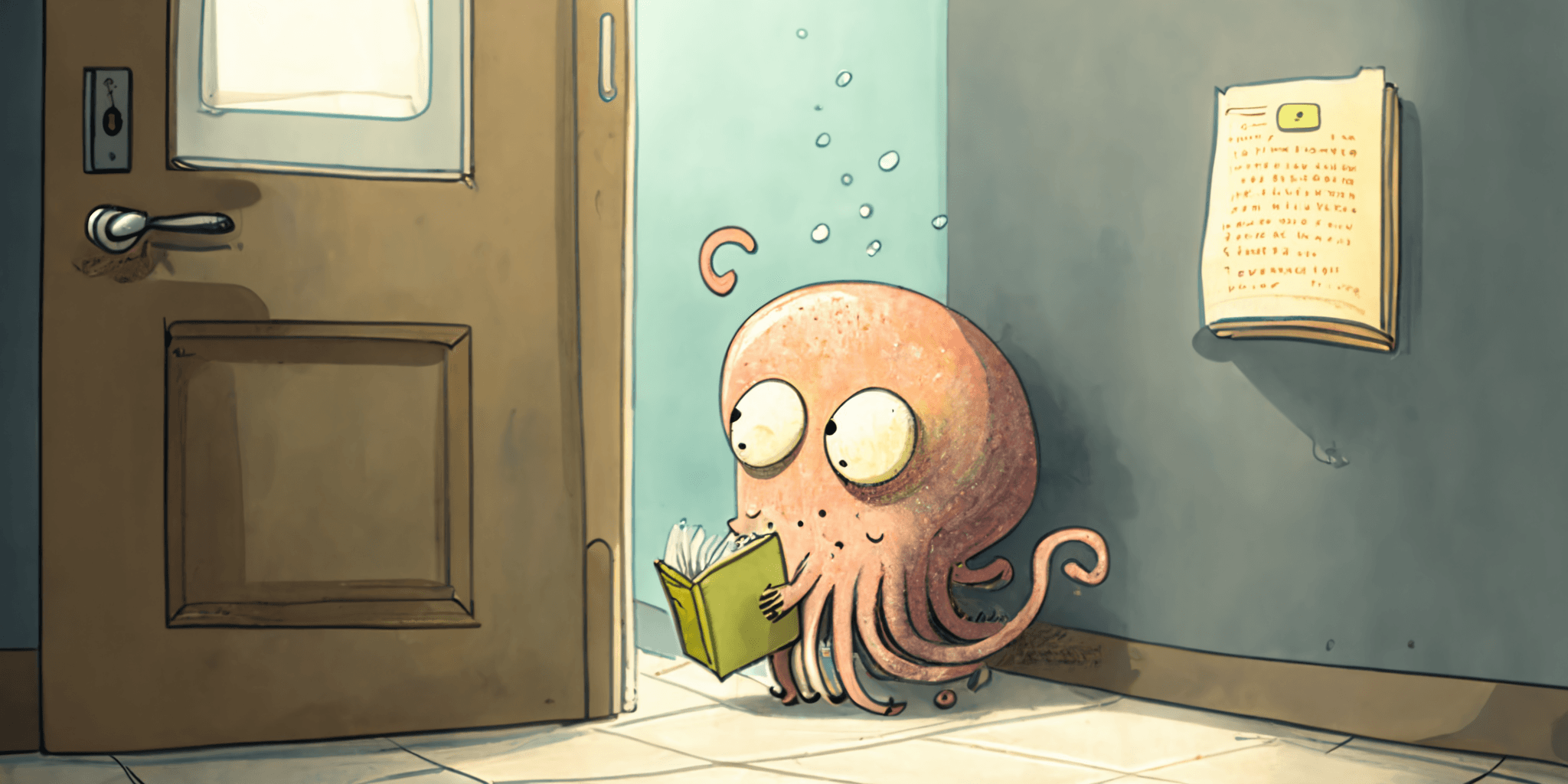 A digital illustration featuring an adorable pink octopus reading a green book next to a wooden door. The octopus is engrossed in its reading, with bubbles emanating from its head. A pinned note is seen on the wall nearby.