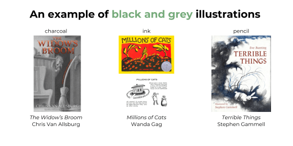 Black and grey drawing in children's picture books
