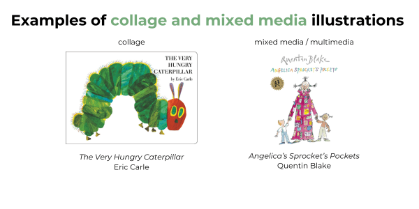 Examples of collage and mixed media illustrations by Eric Carle and Quentin Blake