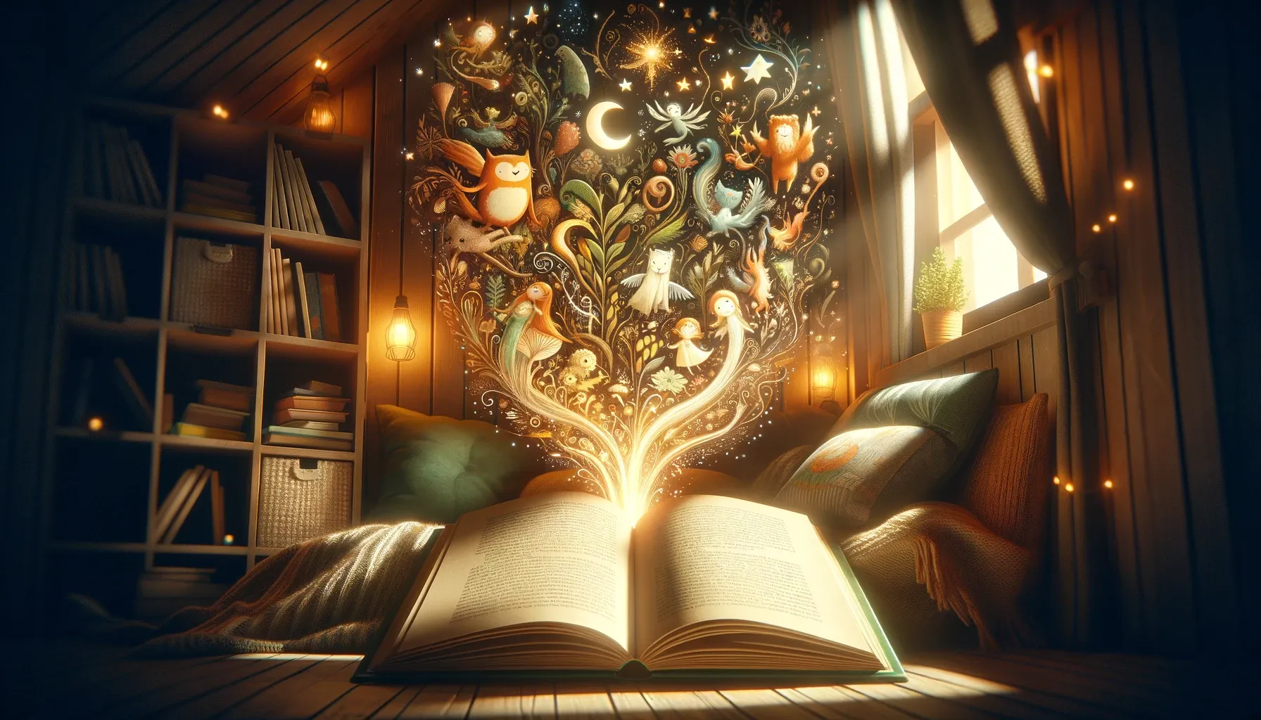 A cozy reading nook with an open children's book, from which whimsical illustrations spill out, creating a magical atmosphere.