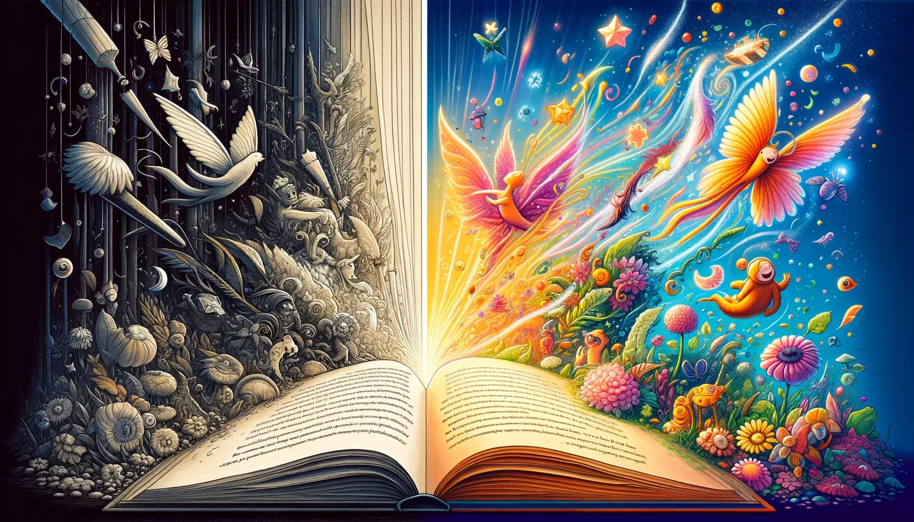 Before-and-after comparison of a book page, transitioning from plain text to vibrant illustrations, showcasing the transformative power of visuals in children's literature.