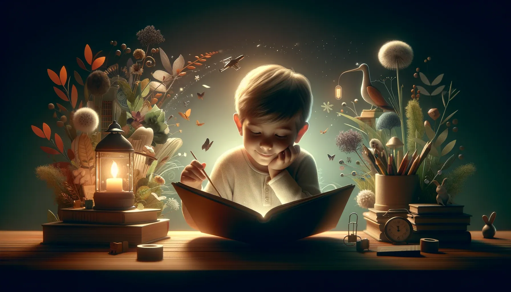 A heartwarming scene of a child reading a book, fully engrossed and smiling softly, in a cozy and nurturing environment, symbolizing the joy of children's literature.