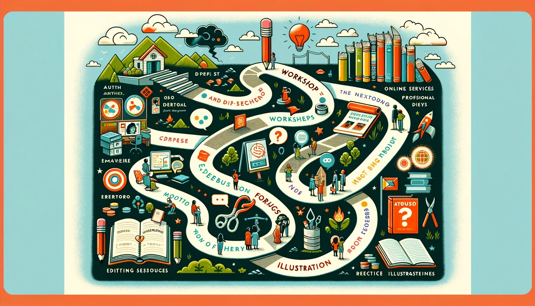 An illustrated map guiding authors through the publishing process, with icons for workshops, forums, and services, showing a colorful path from book idea to publication.