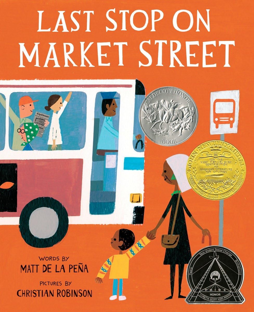 Book cover for Last Stop on Market Street, featuring a bright orange background with a black child with his mother, waving at a bus as they wait at the bus stop. 