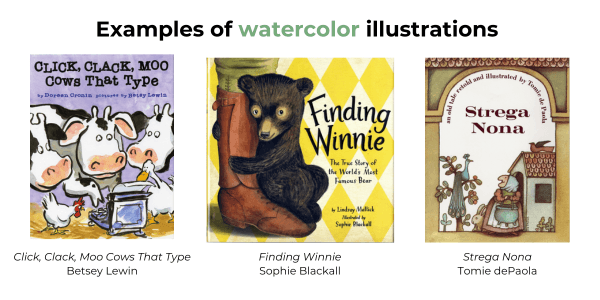 Watercolor style illustrations in children's books